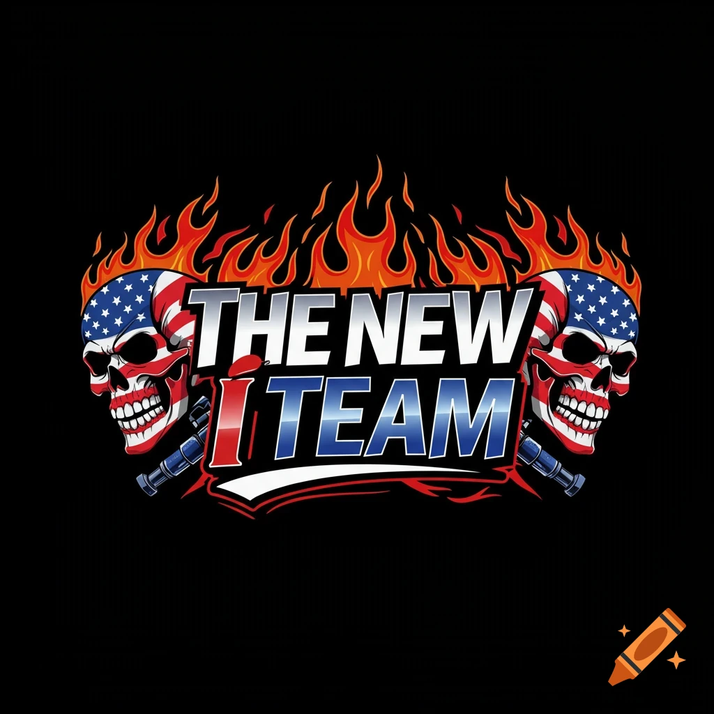 Logo with two skulls wearing American flag bandanas, flames, and "THE NEW ITEAM" text.