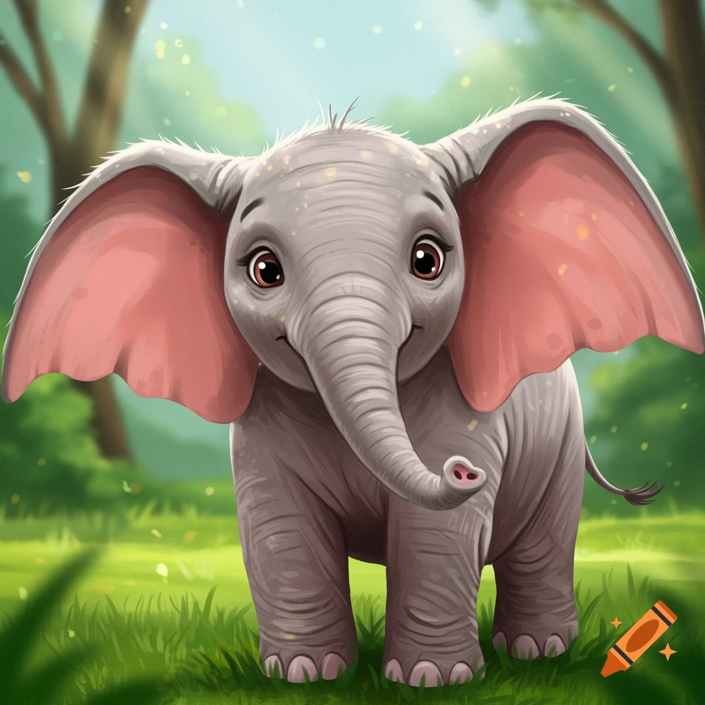 A cute baby elephant standing in a meadow.