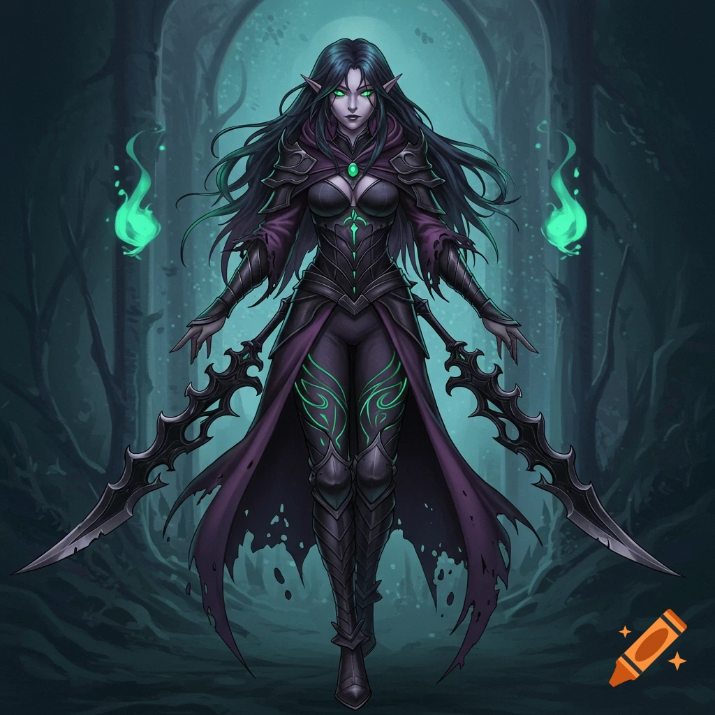 A dark fantasy female character in black armor and purple cloak, with glowing green eyes and long dark hair, stands holding dual blades in a forest.