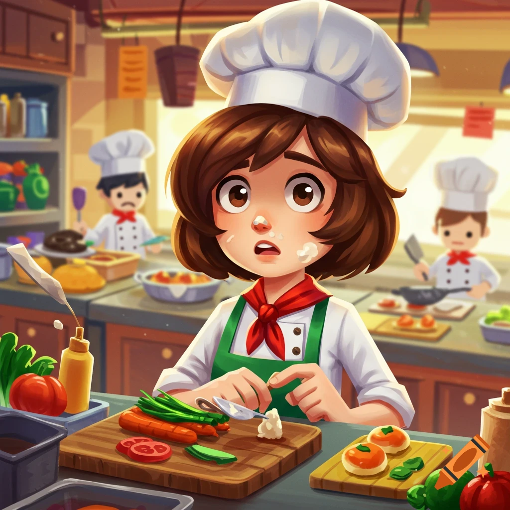 Cartoon chef preparing vegetables in a kitchen with other chefs, game art style.