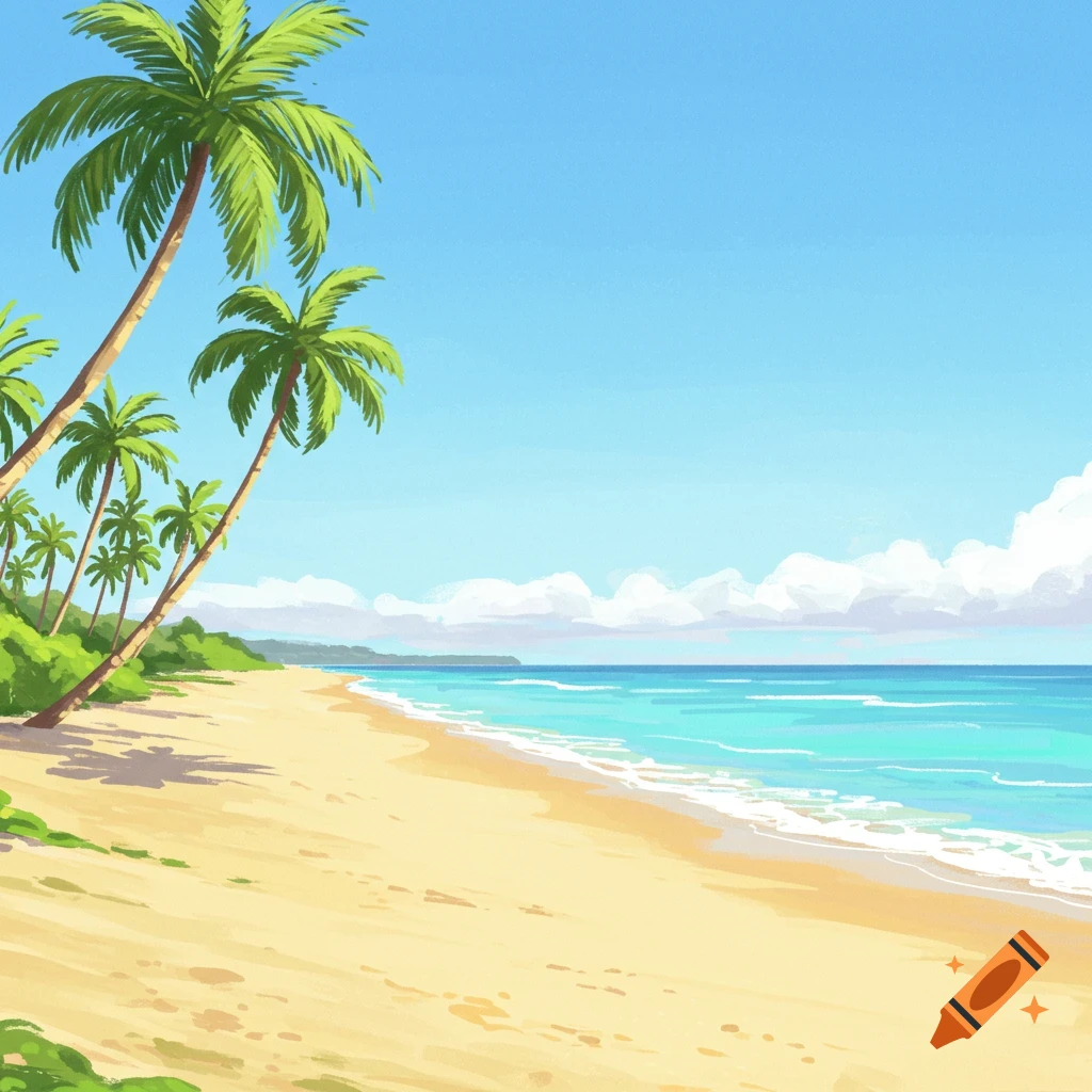 A sunny tropical beach with palm trees and clear blue water.