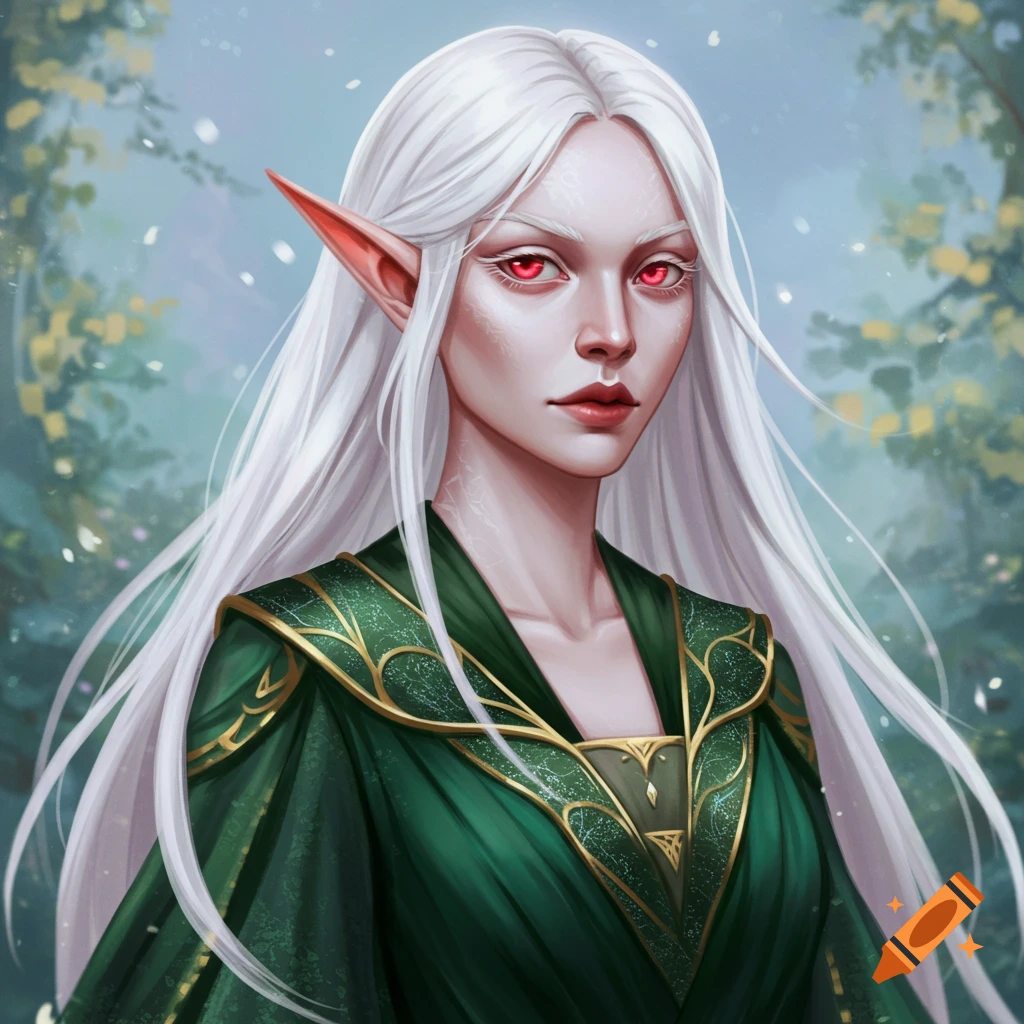 A portrait of an albino elf woman with long white hair and red eyes in a forest.