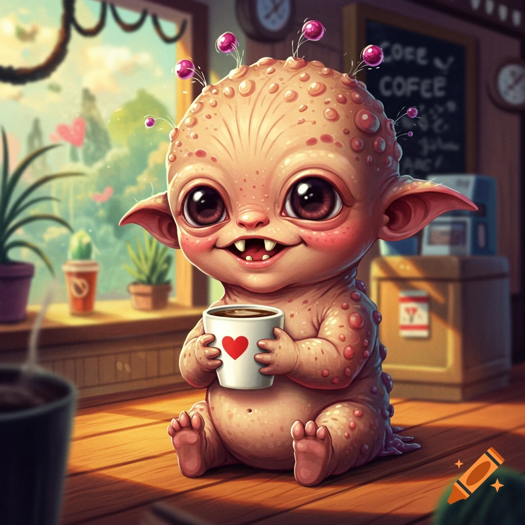 Cute fantasy creature sits in a coffee shop holding a coffee cup.