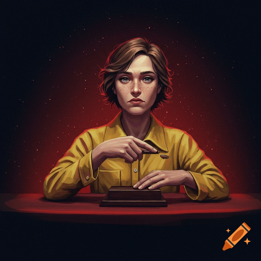 A young woman in a yellow shirt sitting at a table with a serious expression.