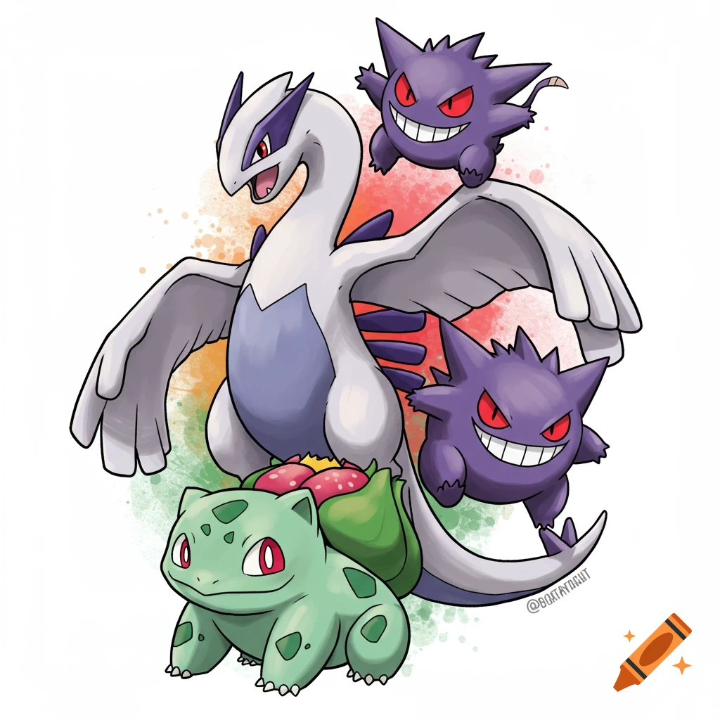 Illustration of Lugia, two Gengar, and Bulbasaur on a colorful background.