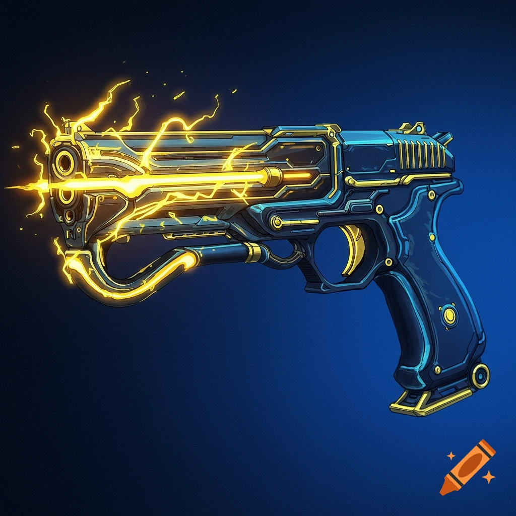 A futuristic blue and gold energy pistol glowing with yellow light.