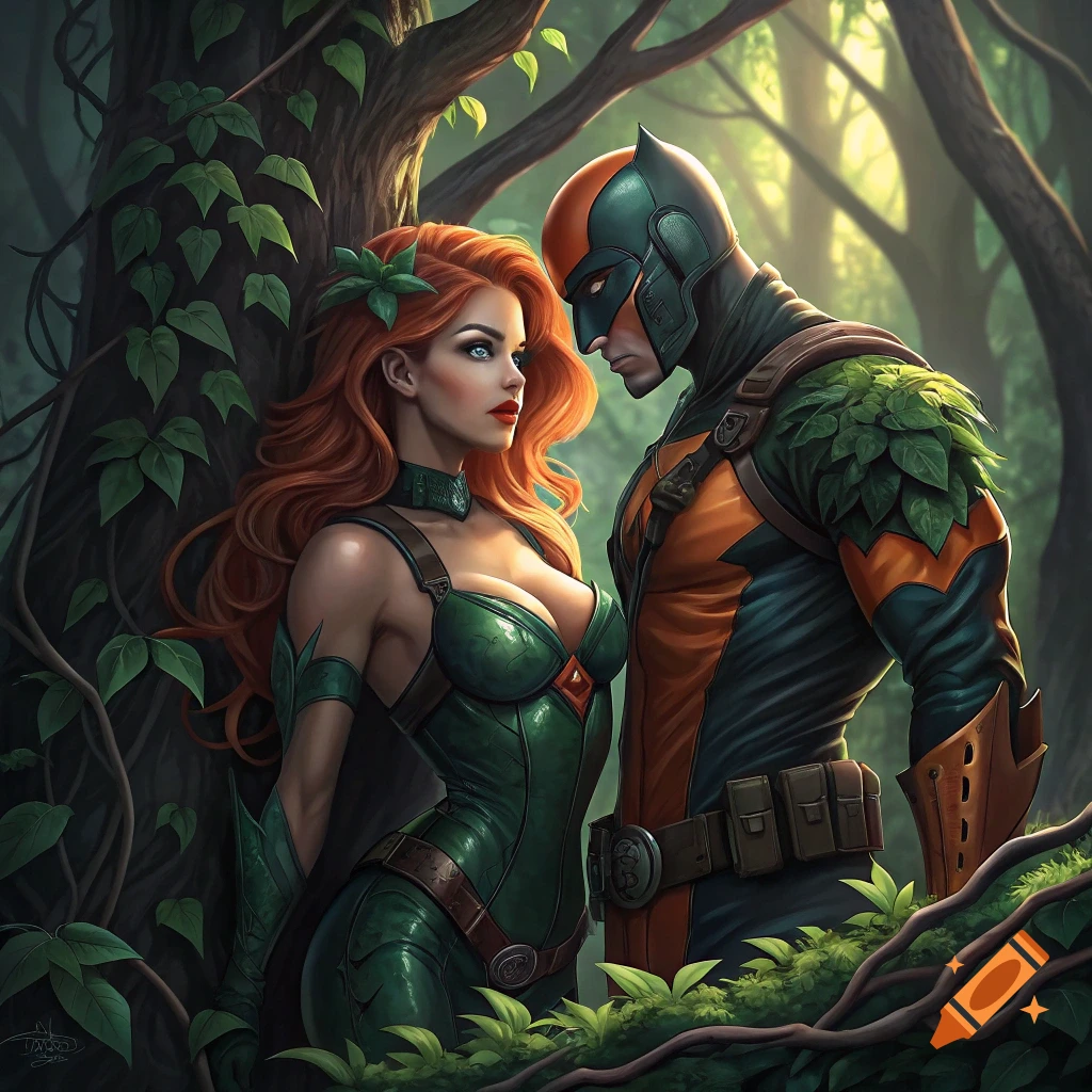 Poison Ivy and Deathstroke stand together in a lush forest in a comic art style.