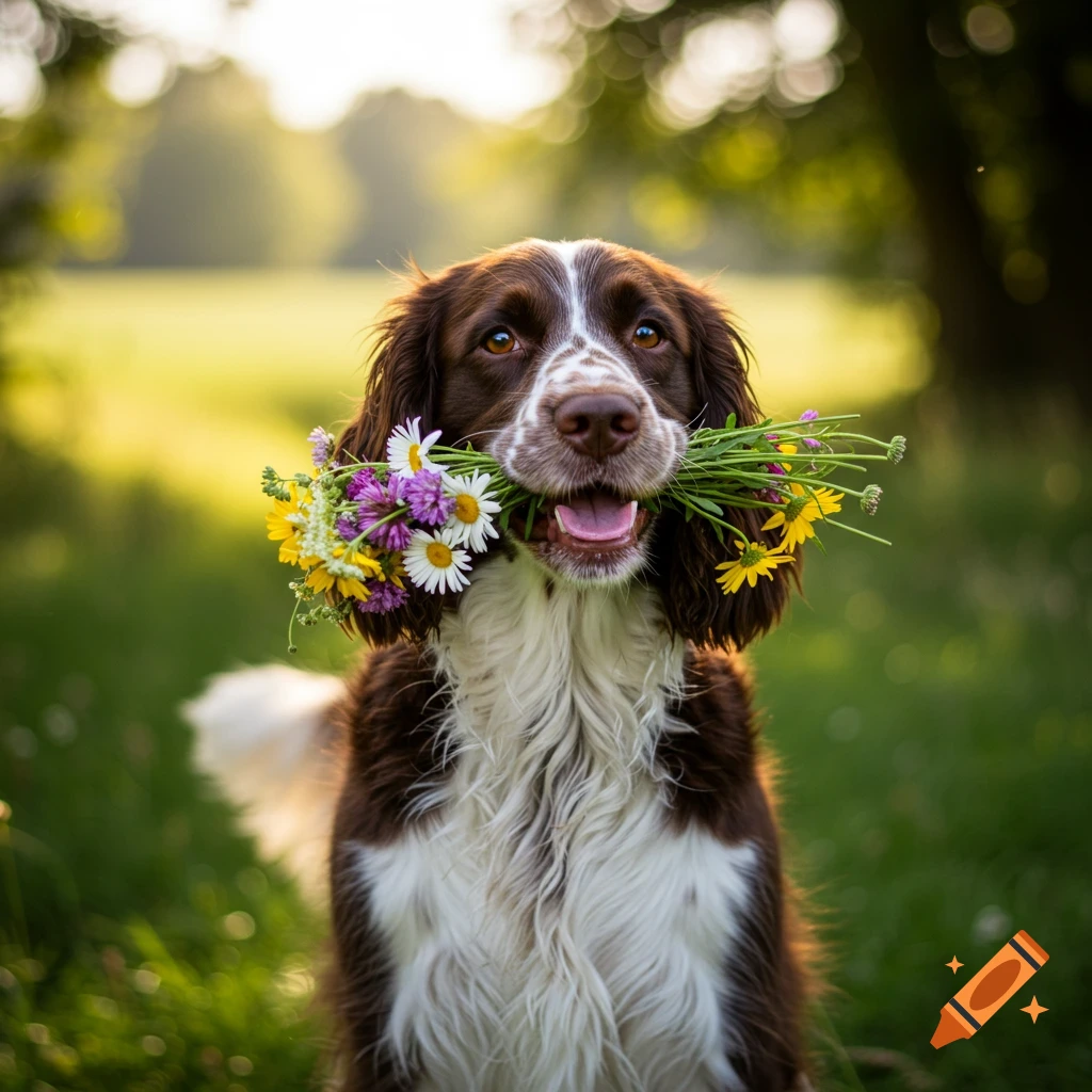 A brown and white Springer Spaniel dog sitting in grass holding a bouquet of wildflowers in its mouth, photorealistic.