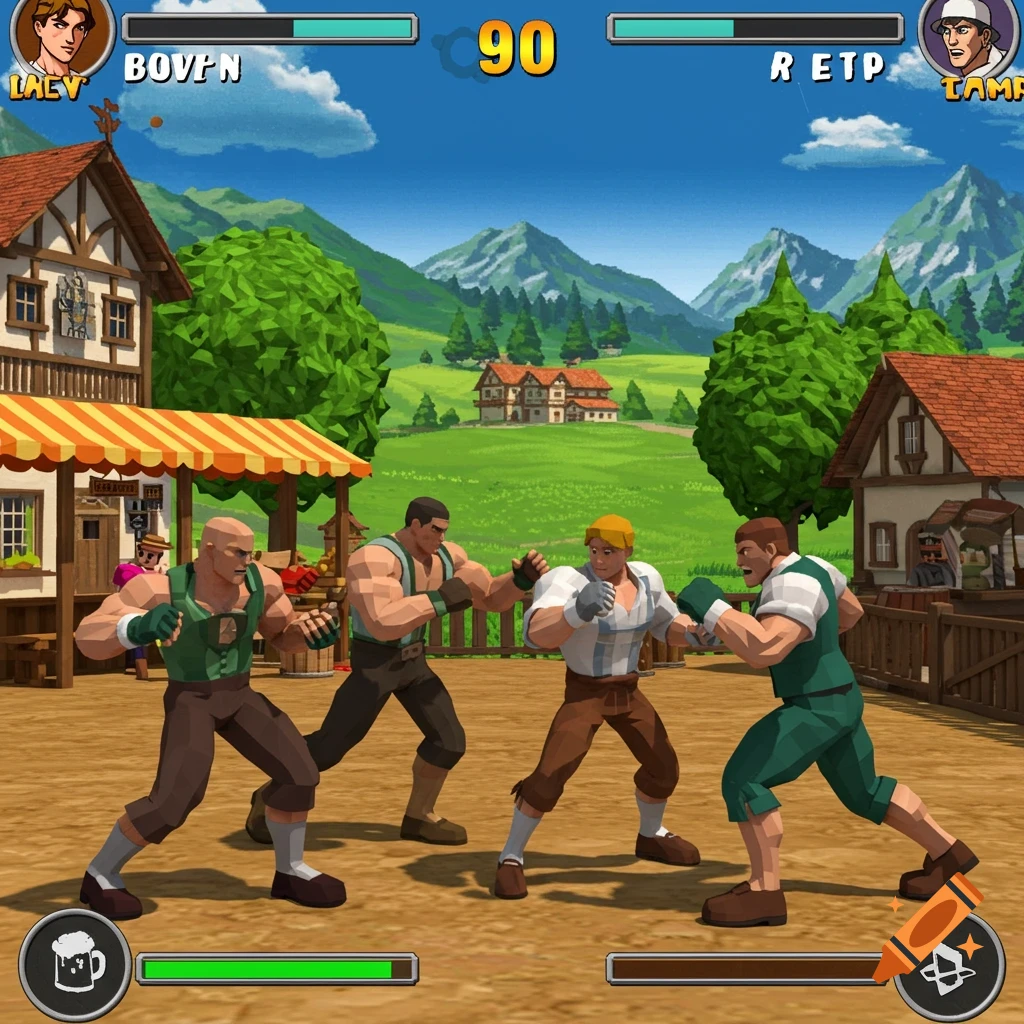 Screenshot from a fighting game with PS2 graphics, showing four characters fighting in a Bavarian village square.