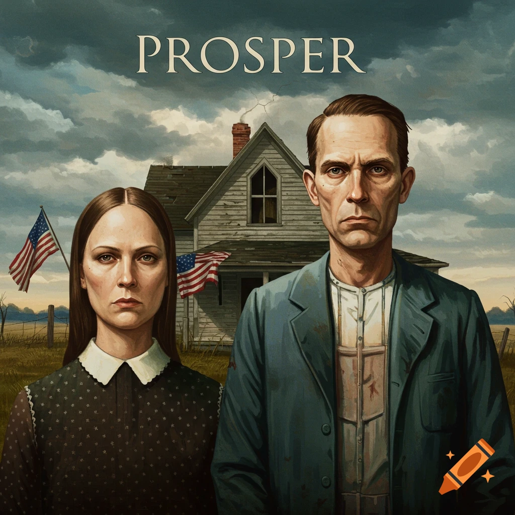 Stylized portrait of two solemn people in front of a rural house with American flags, 'PROSPER' text at top, American Gothic style.