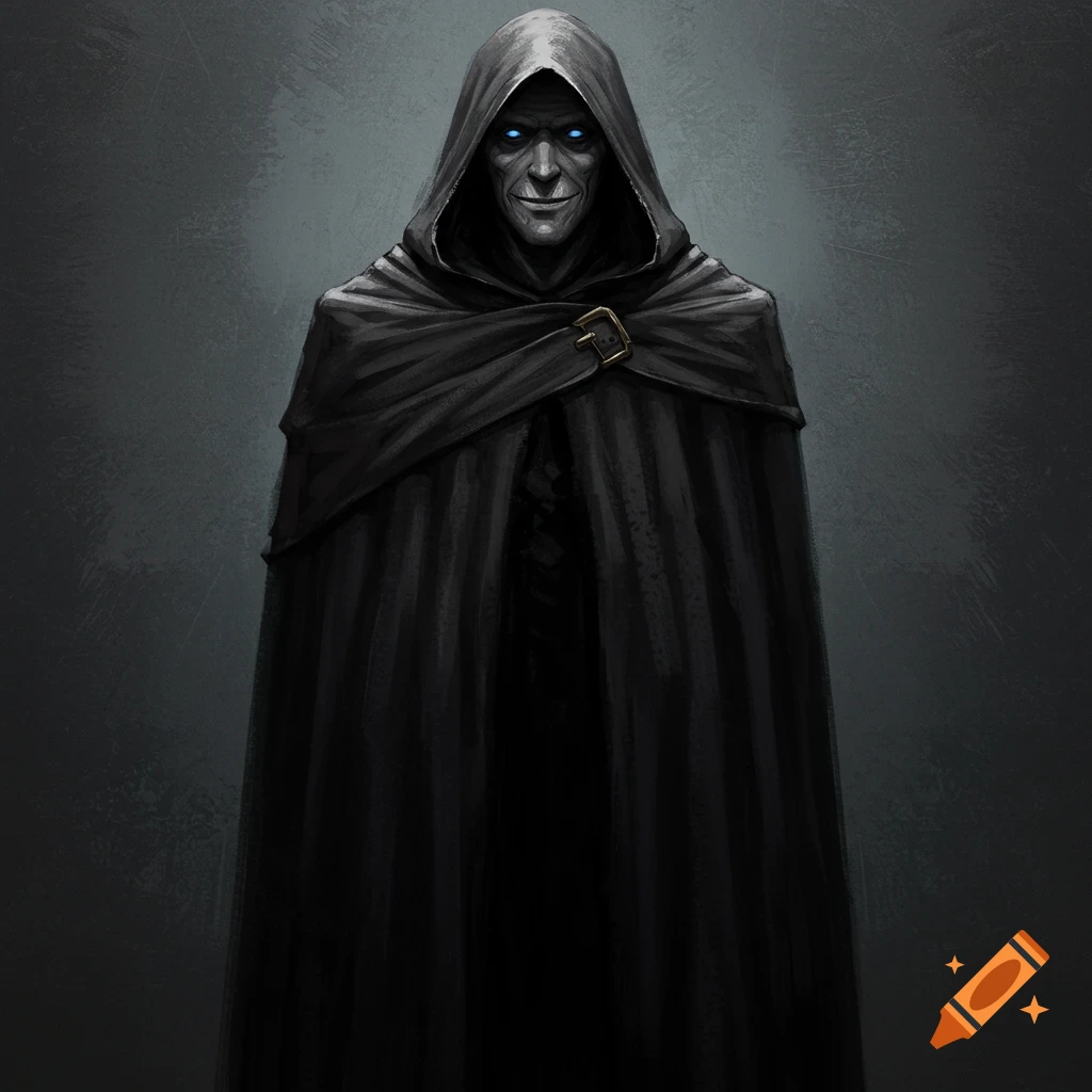 A tall figure in a dark hooded cloak with glowing blue eyes and a grin.