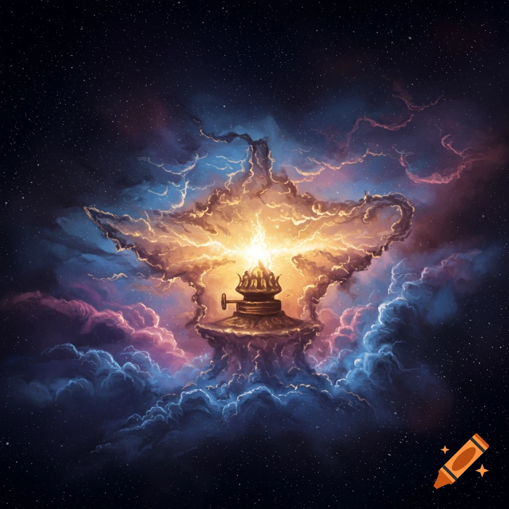 A nebula in deep space shaped like a glowing oil lamp surrounded by colorful clouds