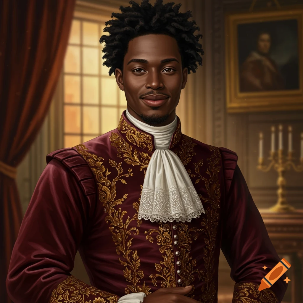 a young black man in a red aristocratic suit.