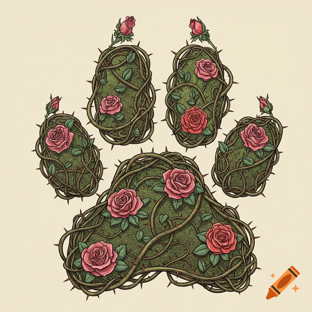 An illustration of a dog's paw print made from thorny vines and pink roses on a light background.