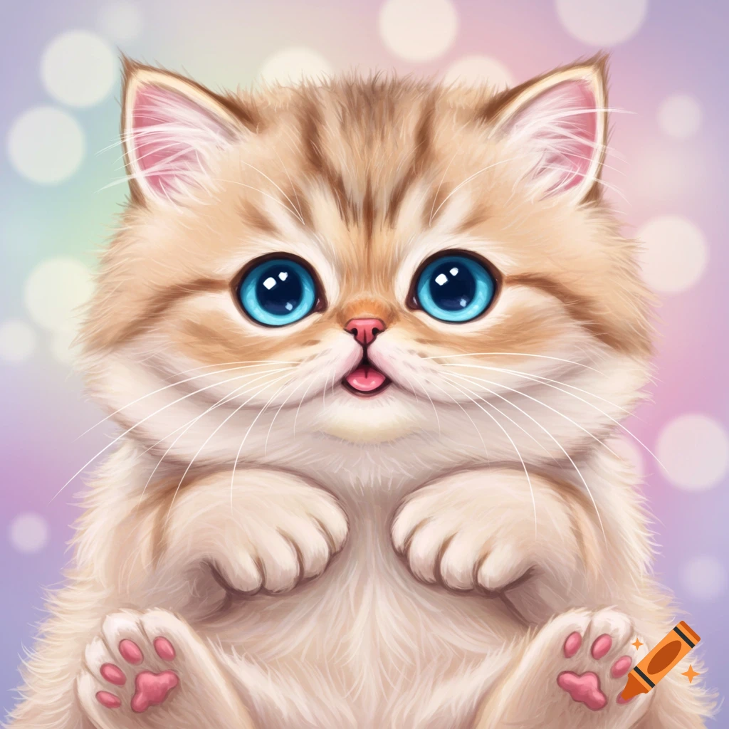 A super cute fluffy kitten with big blue eyes and pink paws, tongue sticking out.