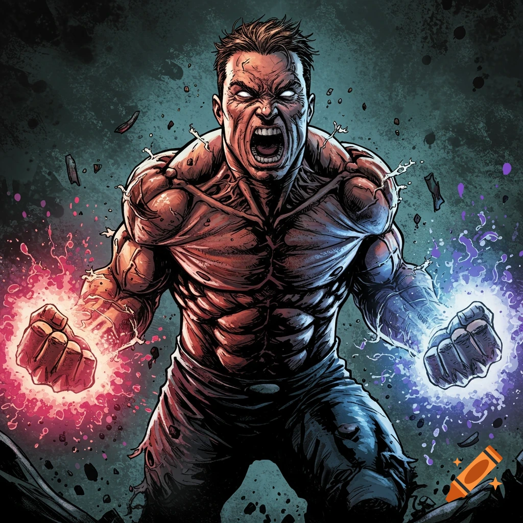 Muscular man in comic book style, screaming with rage, with glowing eyes and energy coming from his fists.
