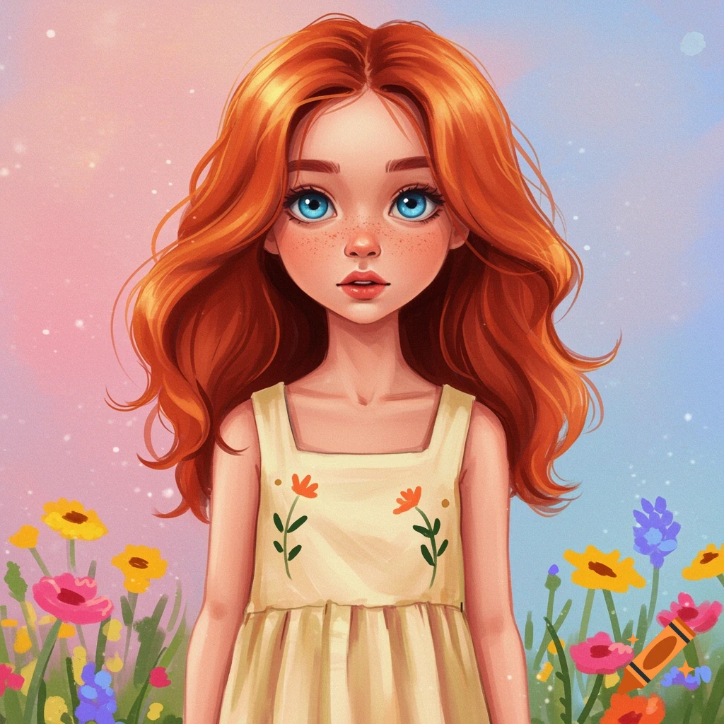 Young girl with red hair and blue eyes in a field of wildflowers.