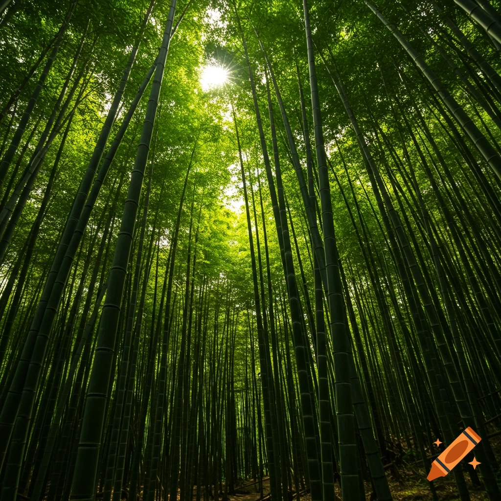 Looking up through a dense, green bamboo forest with sunlight filtering through the canopy.