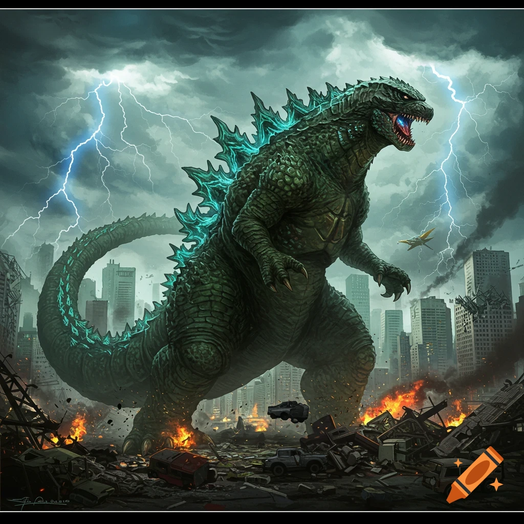 Godzilla stomping through a destroyed city under a lightning storm