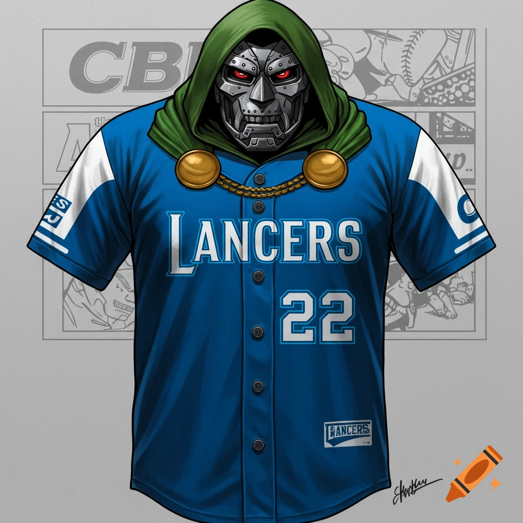 A picture of Dr. Doom wearing a blue baseball jersey with LANCERS and 22 on it, against a background with CBU comic panel outlines.
