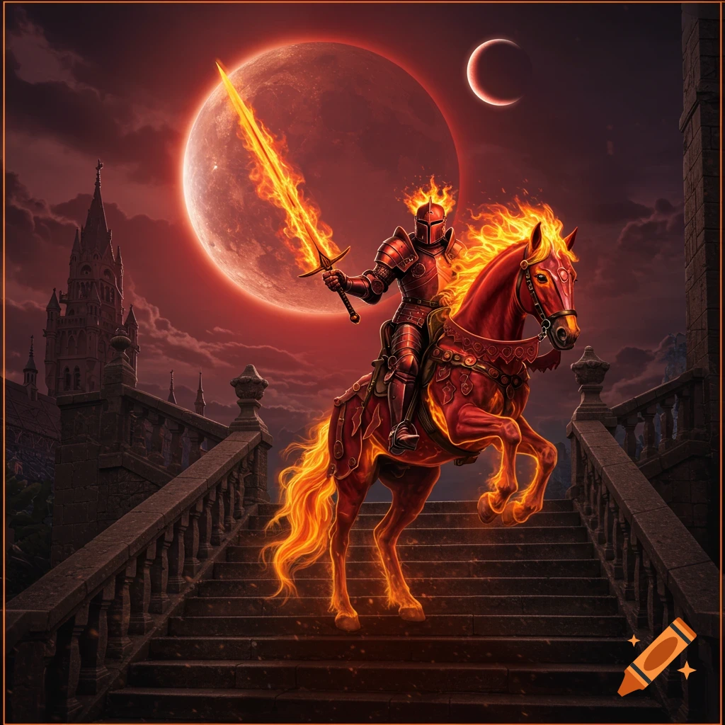 A red knight on a fiery horse descends stone stairs with a large red eclipse and crescent moon in the sky.