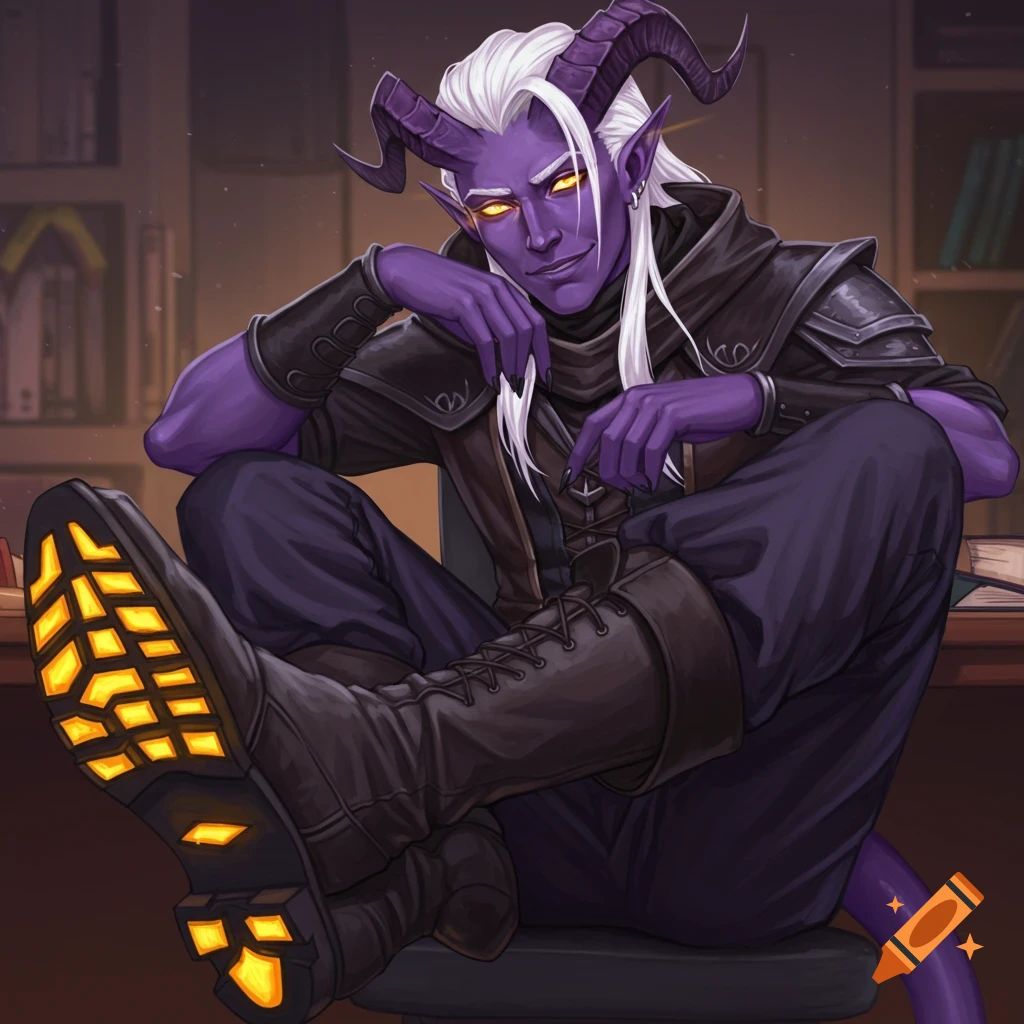 A purple-skinned fantasy character with white hair and glowing eyes sits with feet on a desk, smirking.