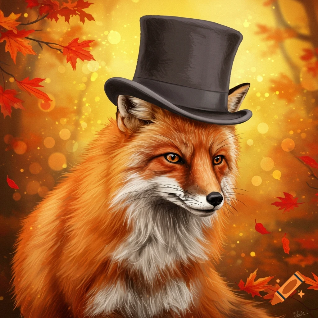 A red fox wearing a black top hat in an autumn forest.