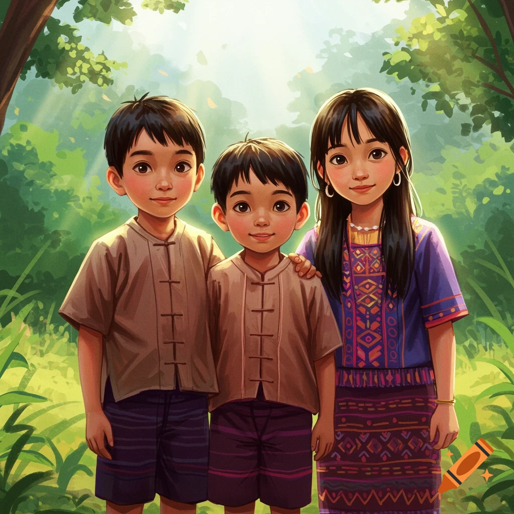 Three children in traditional clothing in a forest