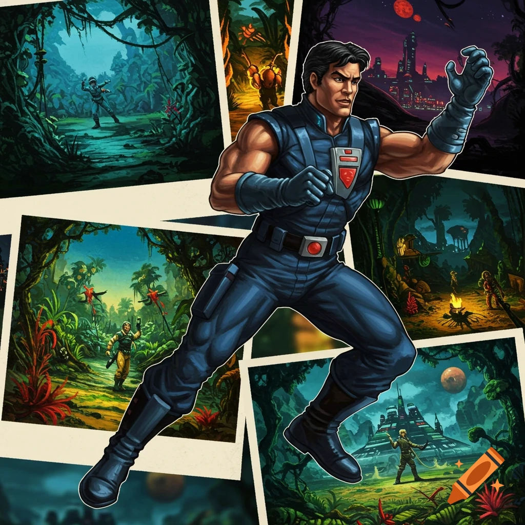 An action figure over a collage of retro sci-fi jungle and space scenes