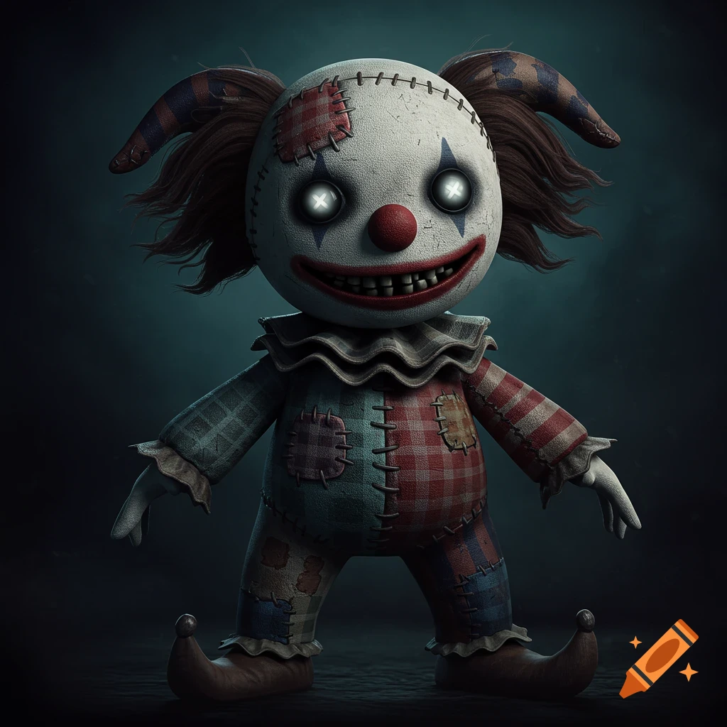 Creepy patchwork clown doll with glowing eyes and sharp teeth, digital art.