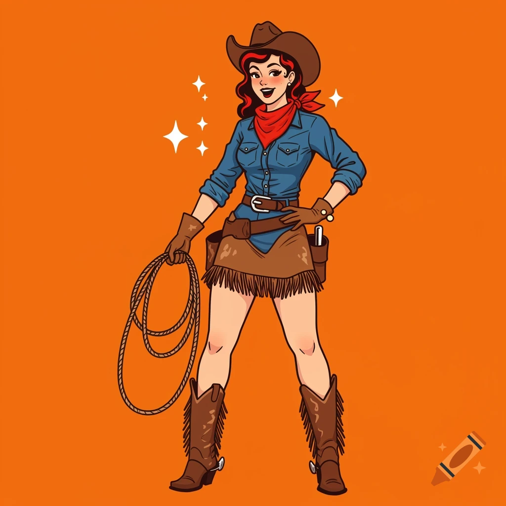 A vector illustration of a pinup cowgirl holding a lasso on an orange background.
