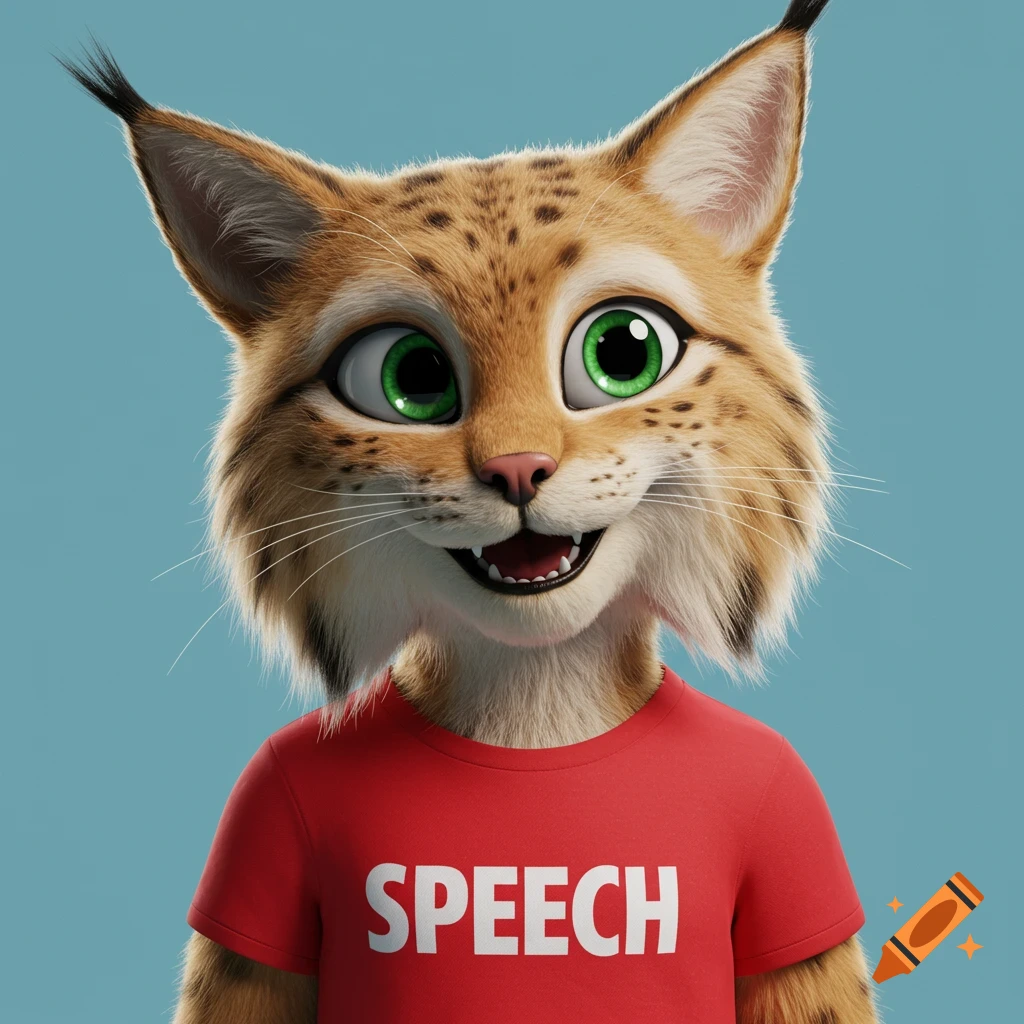 A cartoon bobcat wearing a red t-shirt that says SPEECH.