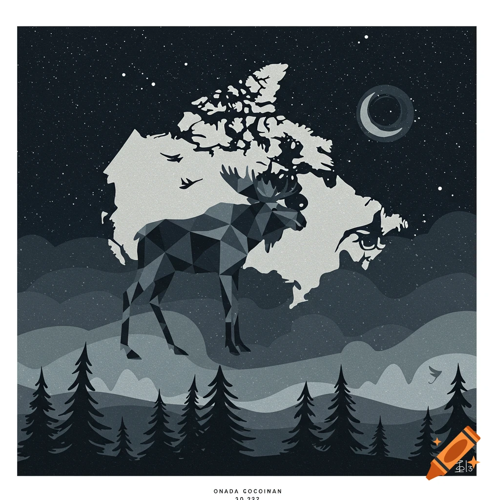 Stylized geometric moose over map of Canada with pine trees under a night sky.