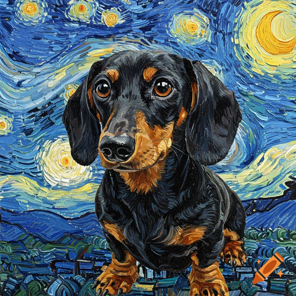 A black and tan dachshund in the style of Van Gogh's Starry Night painting.