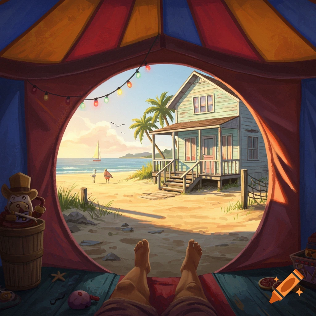 View from inside a colorful tent looking out at a beach with a light blue house, palm trees, and ocean at sunset, person's feet visible.