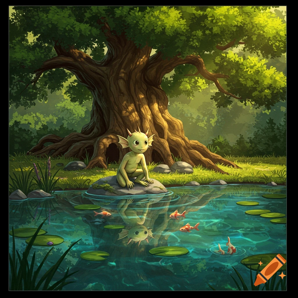 A small green fantasy creature sits on a rock in a pond by a large tree.
