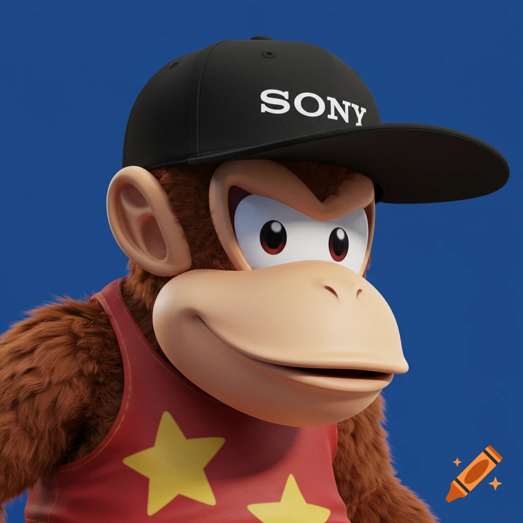 3D rendering of Diddy Kong wearing a black hat with SONY logo