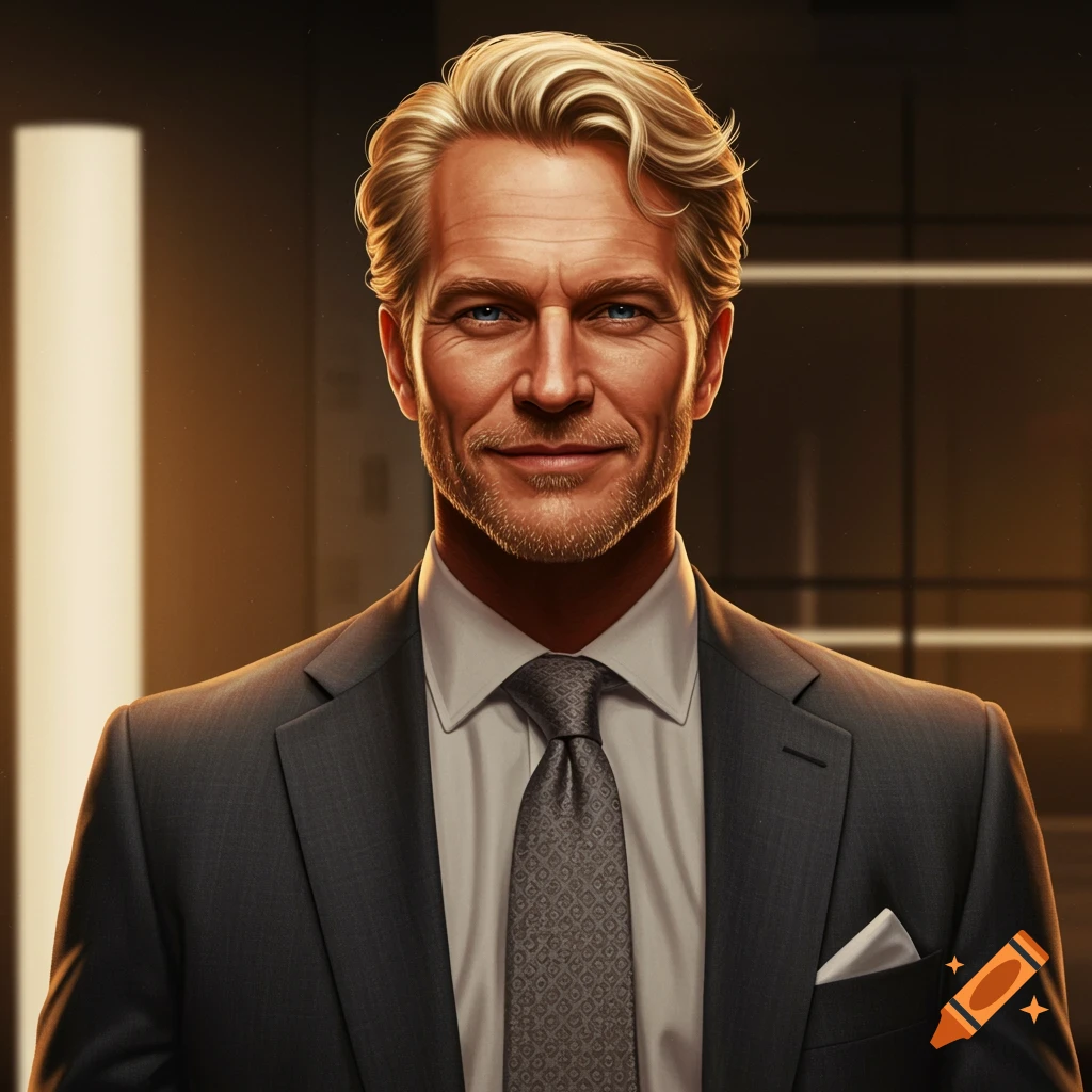 A handsome middle-aged man in a suit looking at the camera and smiling.