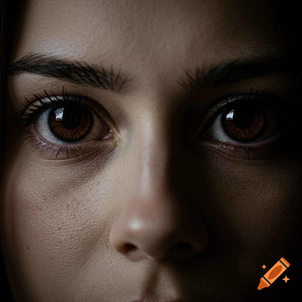 A close-up view of a person's dark brown eyes.