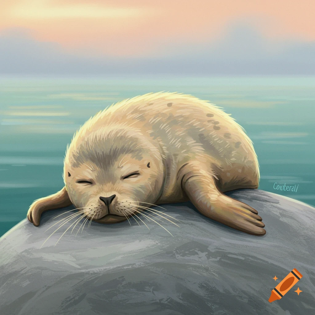 A sleepy seal lying on a rock by the water at sunset.