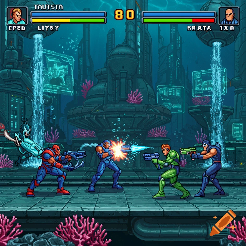 Pixel art fighting game scene set underwater in a futuristic city, showing characters in combat with UI elements.