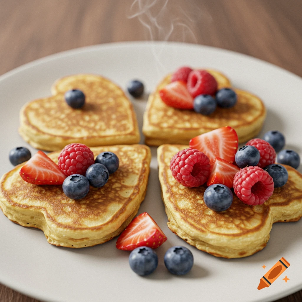 Heart-shaped pancakes topped with raspberries and blueberries on a plate.