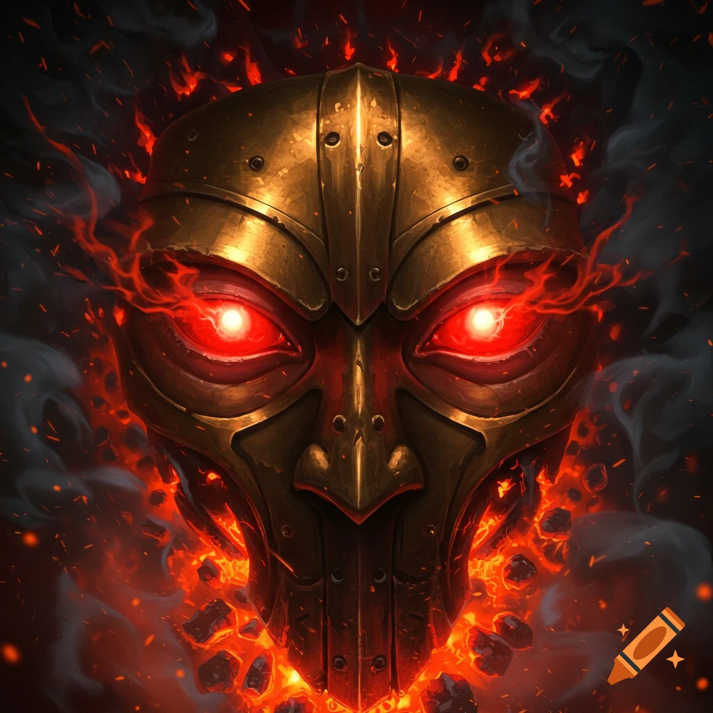A brass mask with glowing red eyes engulfed in fire and smoke.