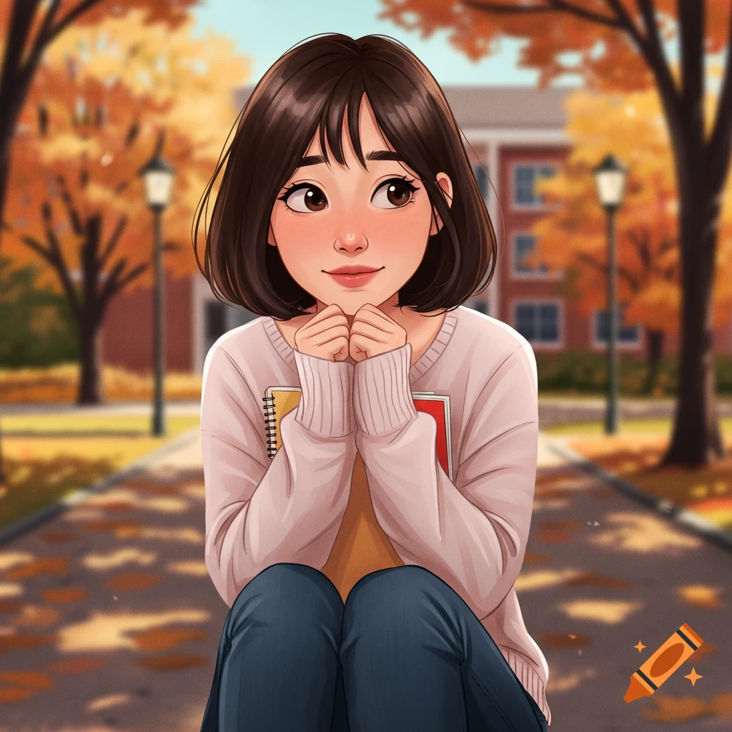 A college student holding books in an autumn park.