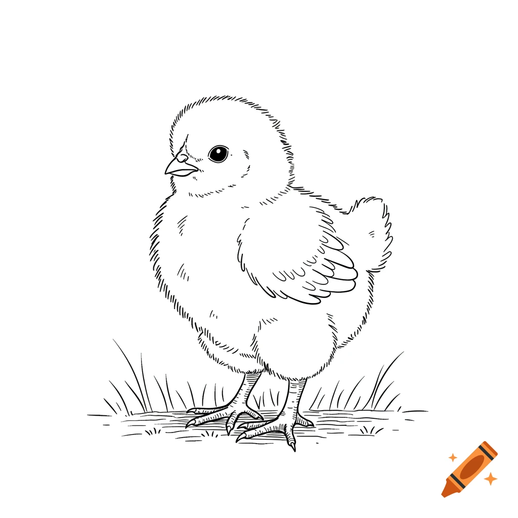 Simple line drawing of a fluffy chick standing on grass