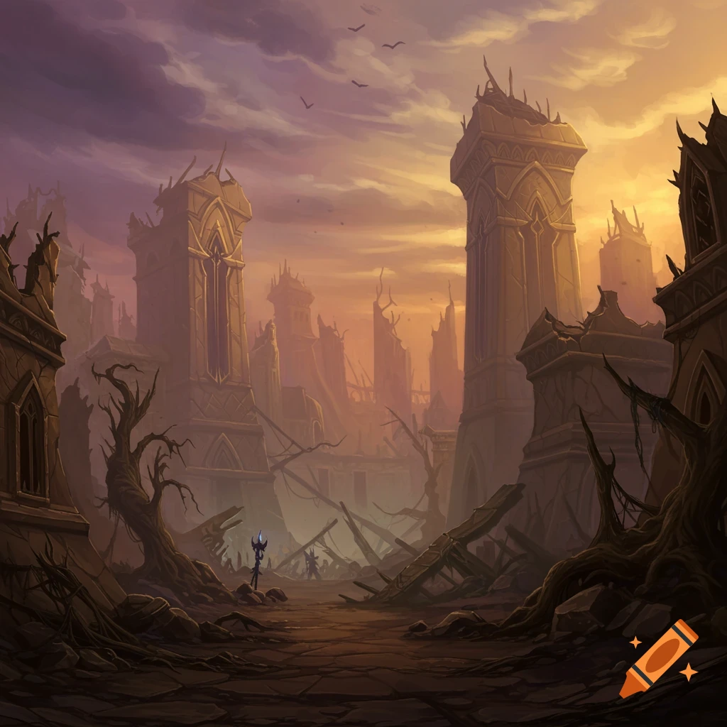 A ruined fantasy city at sunset