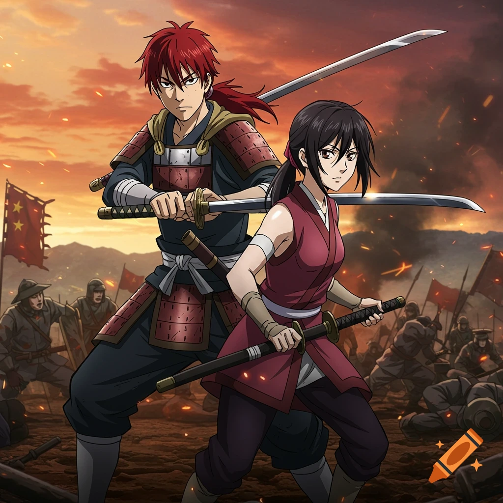 Two anime characters holding swords stand on a battlefield with soldiers and flags behind them.