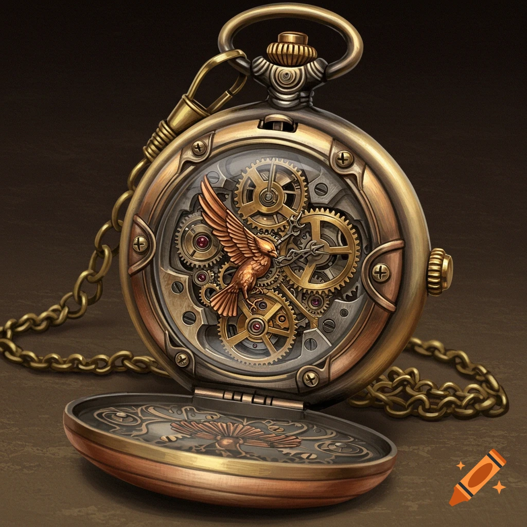 A detailed image of an open steampunk pocket watch showing internal gears and a brass clockwork bird on the mechanism.