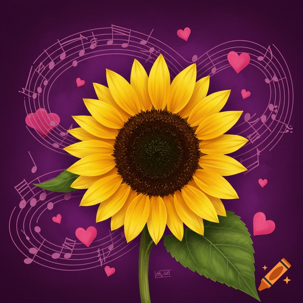 A sunflower with music notes and pink hearts on a purple background.