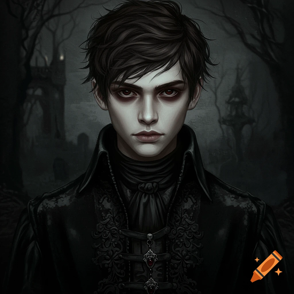 A gothic boy stands in a dark, mysterious setting.